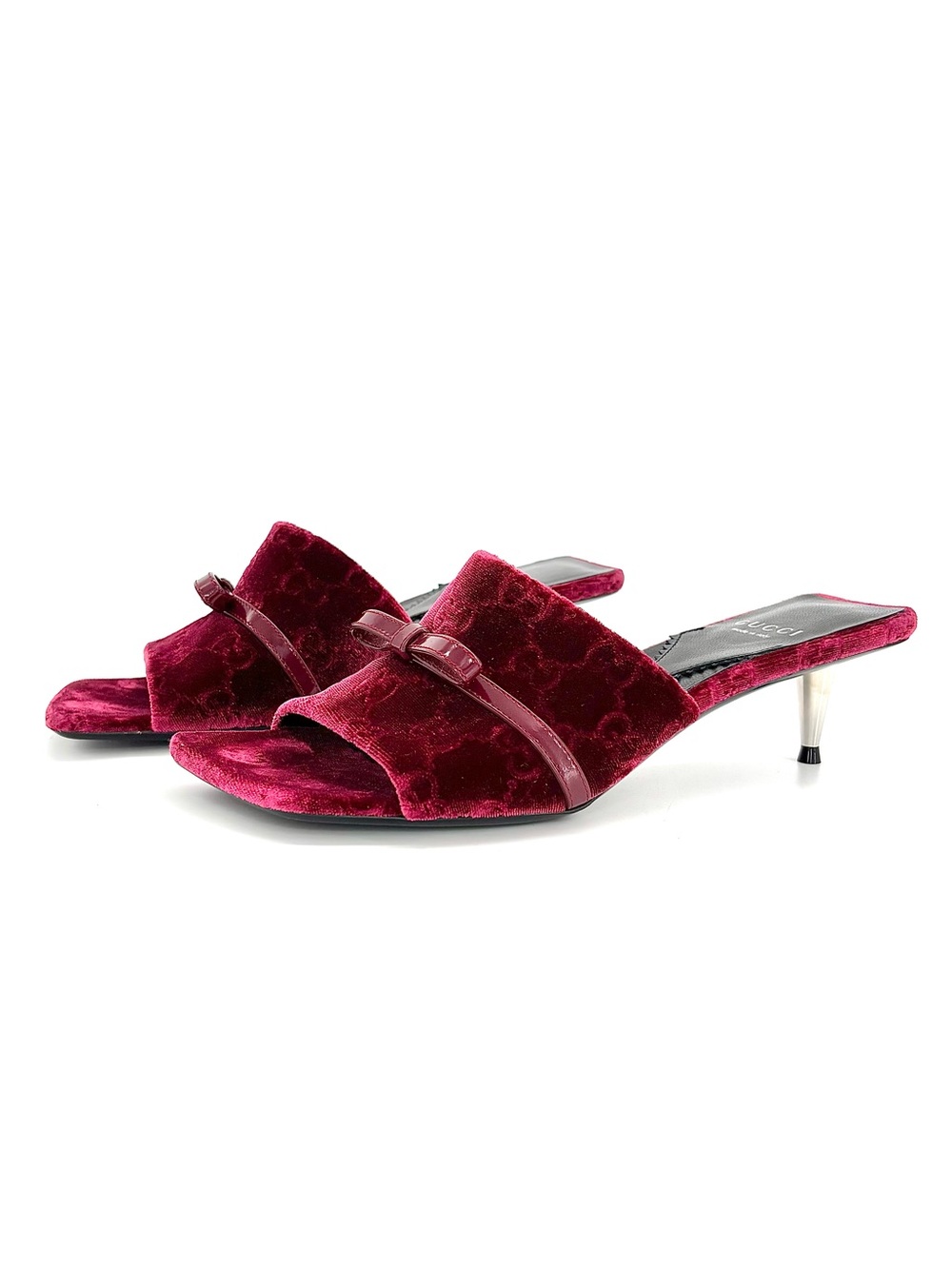 Gucci Velvet Ashmir Regent Calfskin Grape GG Monogram Square Toe Bow Mules 36